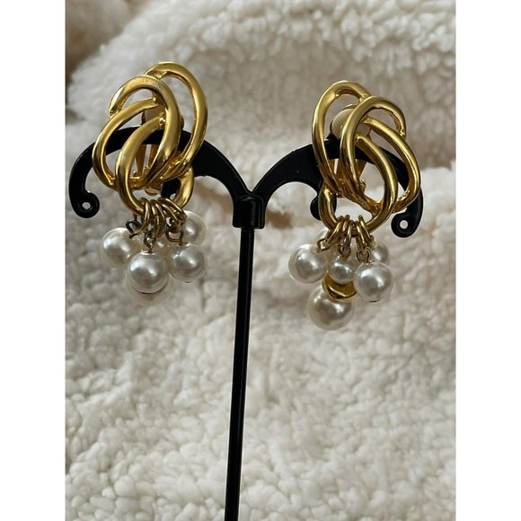 Vintage Gold Tone White Dangle Bead Clip-On Earrings - 2 Pairs - Picture 8 of 13